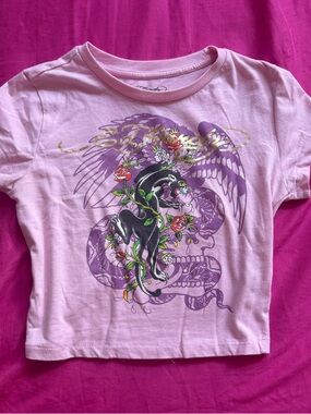 Ed Hardy Pink Crop Tee with Black Panther & Floral Graphic